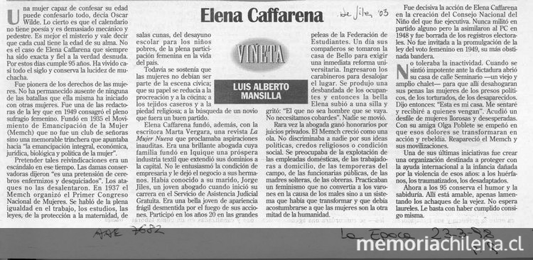 "Elena Caffarena", La Época, (Santiago), 23 de marzo, 1998, p. 9.