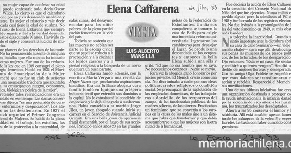 "Elena Caffarena", La Época, (Santiago), 23 de marzo, 1998, p. 9.