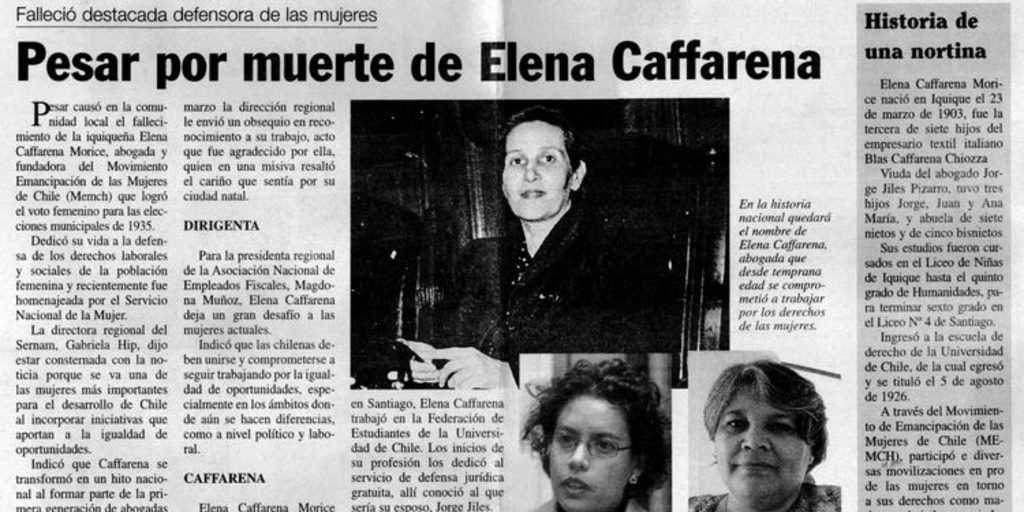 "Pesar por muerte de Elena Caffarena", La Estrella, (Iquique), 21de julio, 2003, p.A8.