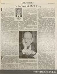 "En la muerte de Raúl Rettig", La Segunda, (Santiago), 2 de mayo, 2000, p. 9.