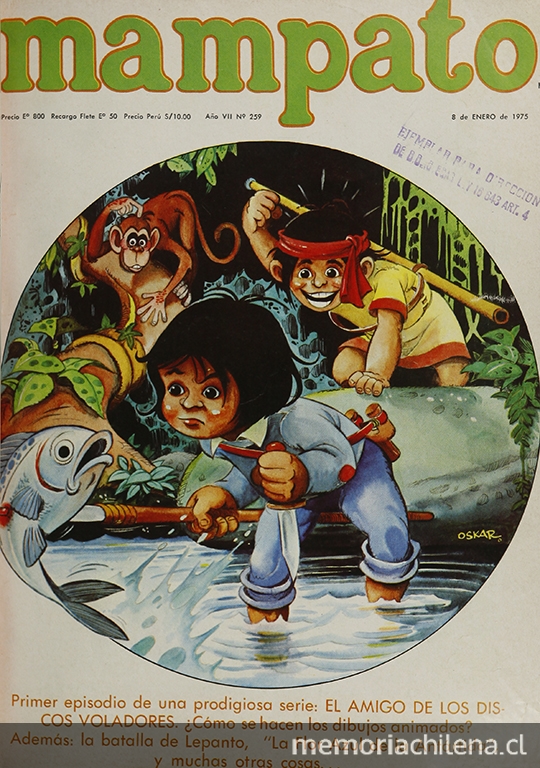 Portada con ilustración de Oscar Vega, 1975.Mampato (259): 1, 8 de enero, 1975.