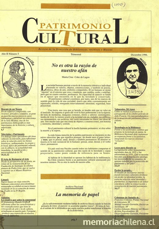 Portada de número 5 de revista Patrimonio Cultural, 1996En: Patrimonio  Cultural (5): 1, diciembre, 1996.