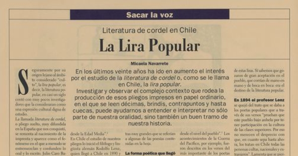 "La lira popular".En: Patrimonio  Cultural (22): 14, invierno, 2001