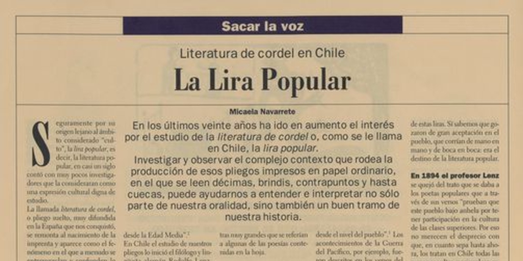 "La lira popular".En: Patrimonio  Cultural (22): 14, invierno, 2001