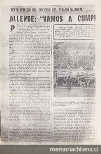 Chile. Presidente (1970-1973: Allende). Texto integro del discurso del Estadio Nacional: Allende: "vamos a cumplir y hemos cumplido"