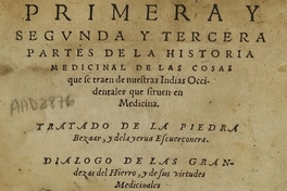 Primera y segunda y tercera partes de la historia medicinal de las cosas que se traen de nuestras Indias Occidentales que sirven en medicina: tratado de la piedra bezaar, y dela yerva escuerçonera: dialogo de las grandezas del hierro y de sus virtudes medicinales: tratado de la nieve y del bever frio. Sevilla: En casa de Alonso Escrivano, 1574