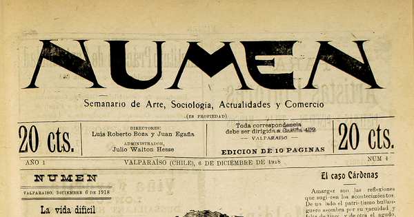 Numen. Año 1, número 4, 6 de diciembre de 1918