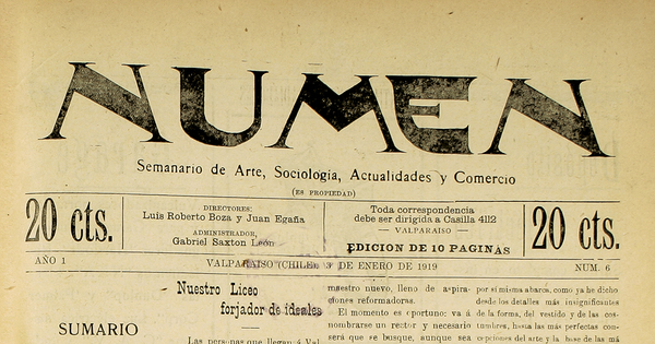 Numen. Año 1, número 6, 3 de enero de 1919