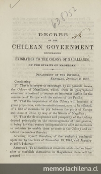 Decree of the Chilean Government encouraging emigration to the colony of Magallanes on the straits of Magellan. Santiago: [s.n.] 1867.