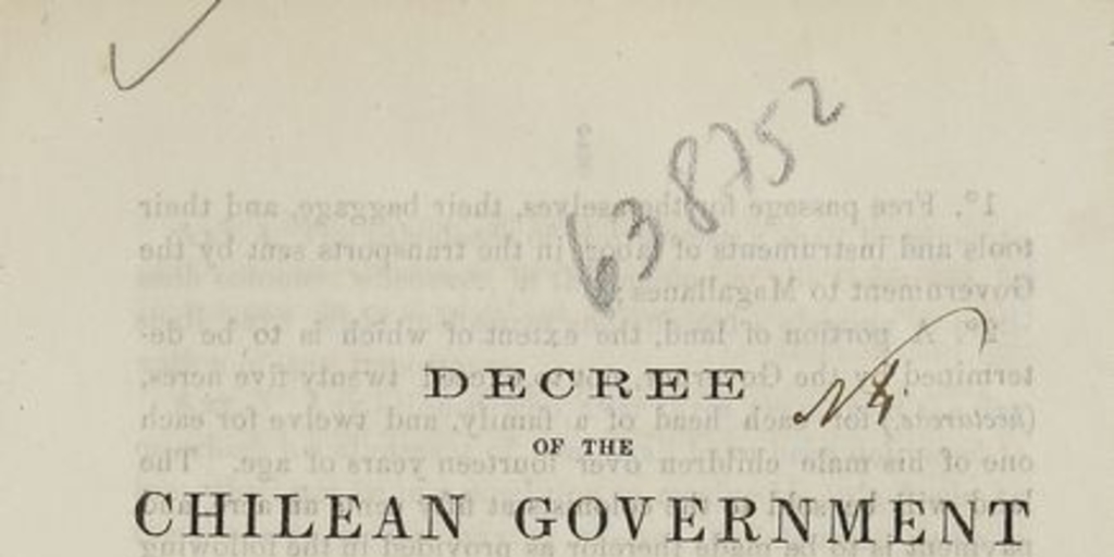 Decree of the Chilean Government encouraging emigration to the colony of Magallanes on the straits of Magellan. Santiago: [s.n.] 1867.