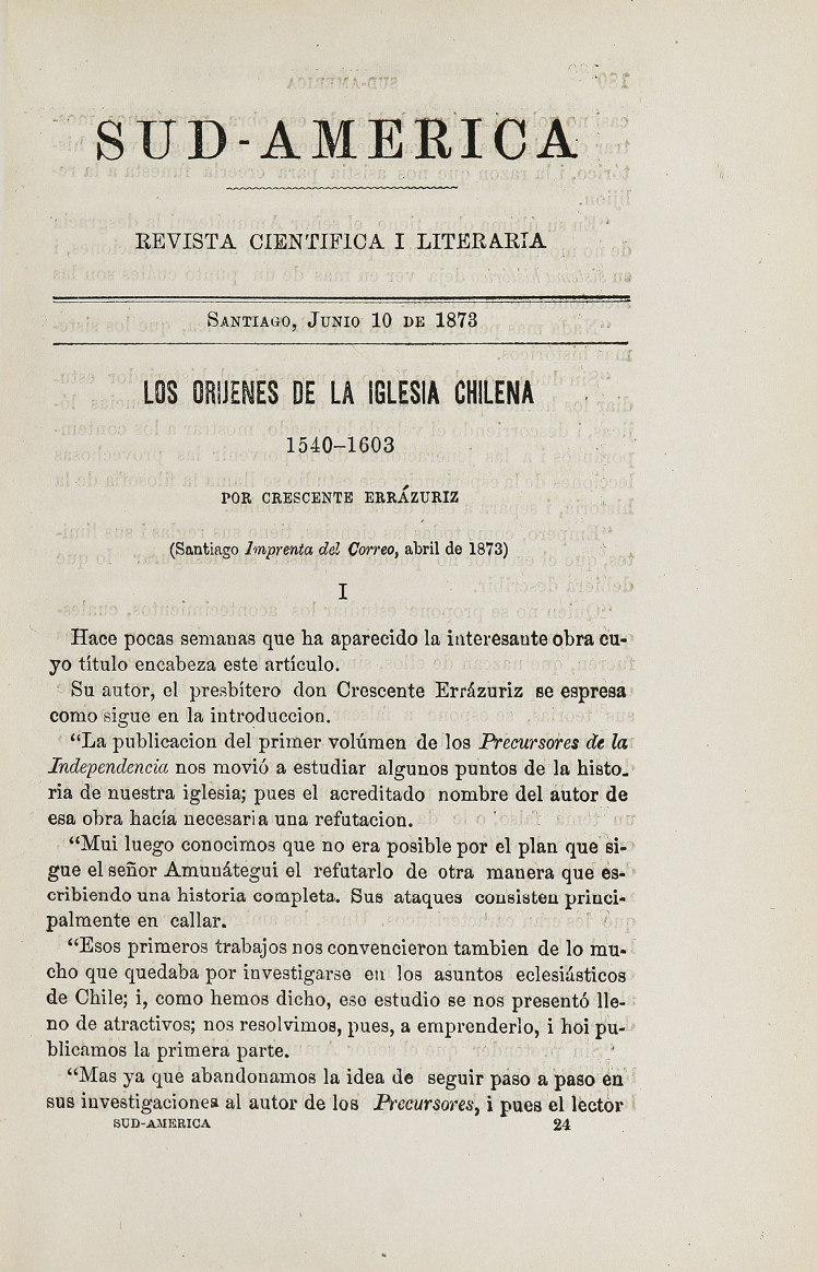 Los oríjenes de la iglesia chilena (1540-1603) por Crescente Errázuriz -  Memoria Chilena, Biblioteca Nacional de Chile