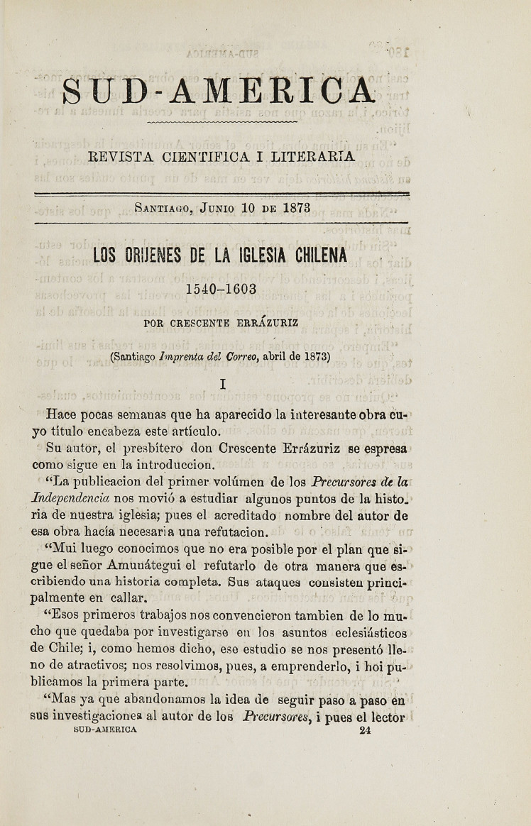 Los oríjenes de la iglesia chilena (1540-1603) por Crescente Errázuriz