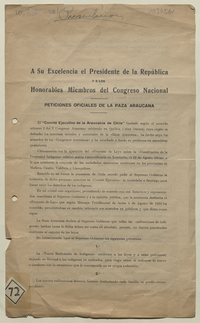 A su Excelencia el Presidente de la República y a los Honorables Miembros del Congreso Nacional: peticiones oficiales de la raza araucana