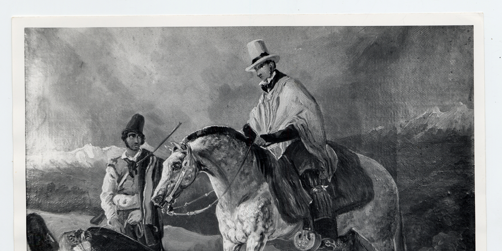 Hombre a caballo y otro a pie, juntos a un cóndor que está en el suelo, titulada "La Caza de un cóndor"