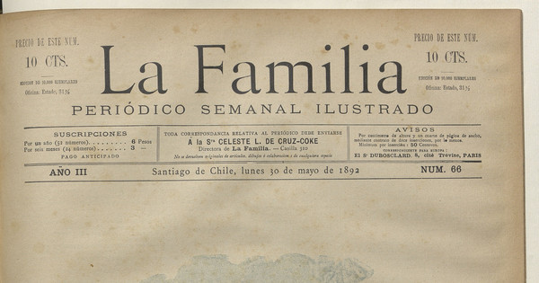 Portada de La Familia: Año III, número 66, 30 de mayo de 1892