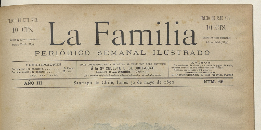 Portada de La Familia: Año III, número 66, 30 de mayo de 1892
