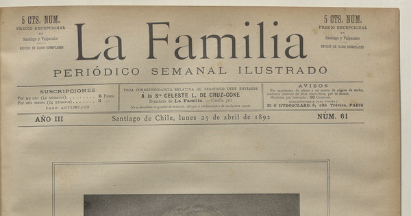 Portada de La Familia: Año III, número 61, 25 de abril de 1892