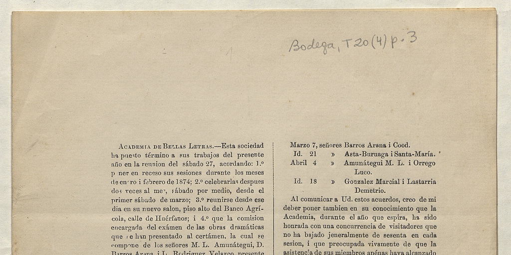 Acta de reunión de la Academia de Bellas Letras. Santiago, 31 de diciembre de 1873