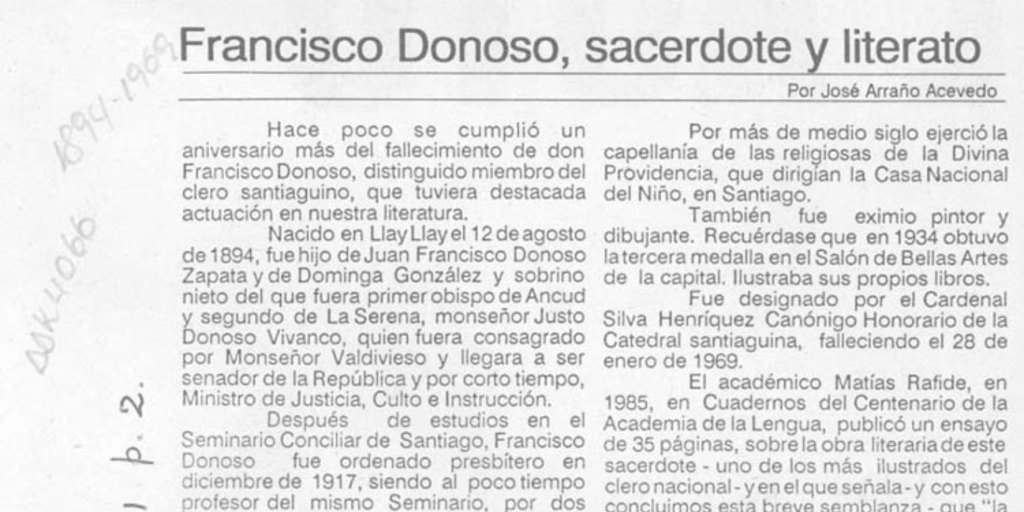 Francisco Donoso: sacerdote literato