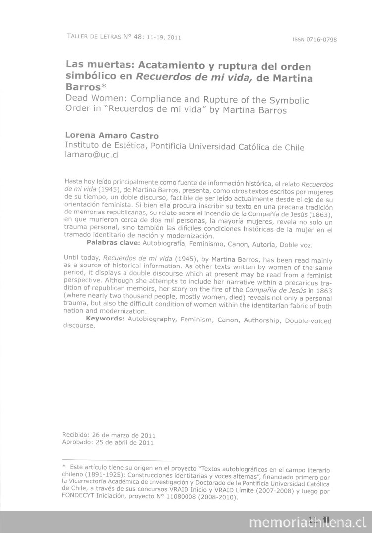 Las muertas: acatamiento y ruptura simbólica del orden simbólico en Recuerdos de mi vida, de Martina Barros
