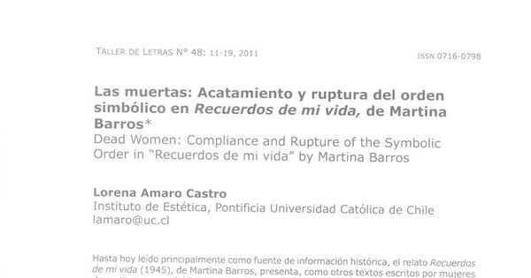 Las muertas: acatamiento y ruptura simbólica del orden simbólico en Recuerdos de mi vida, de Martina Barros