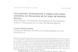 Las muertas: acatamiento y ruptura simbólica del orden simbólico en Recuerdos de mi vida, de Martina Barros