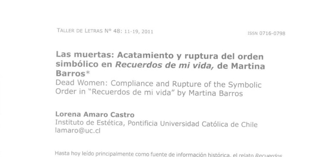 Las muertas: acatamiento y ruptura simbólica del orden simbólico en Recuerdos de mi vida, de Martina Barros