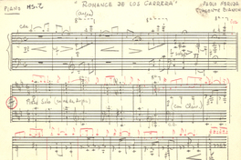 Manuscrito "Romance de los Carrera" para piano (Neruda y Bianchi)