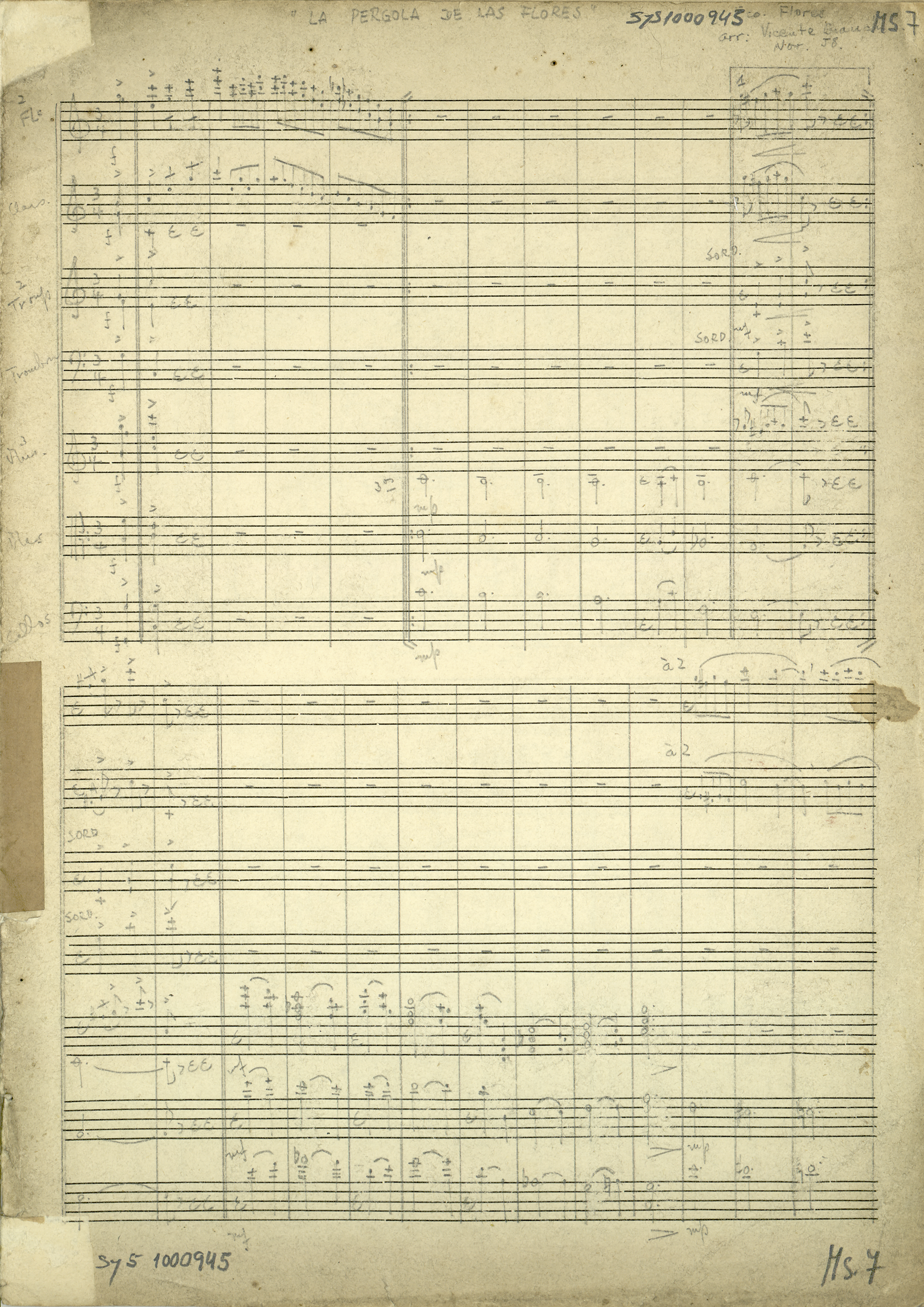 Manuscrito de arreglo instrumental de Vicente Bianchi de "La Pérgola de las Flores" de Francisco Flores del Campo