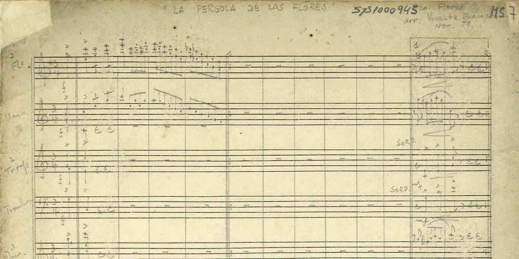 Manuscrito de arreglo instrumental de Vicente Bianchi de "La Pérgola de las Flores" de Francisco Flores del Campo