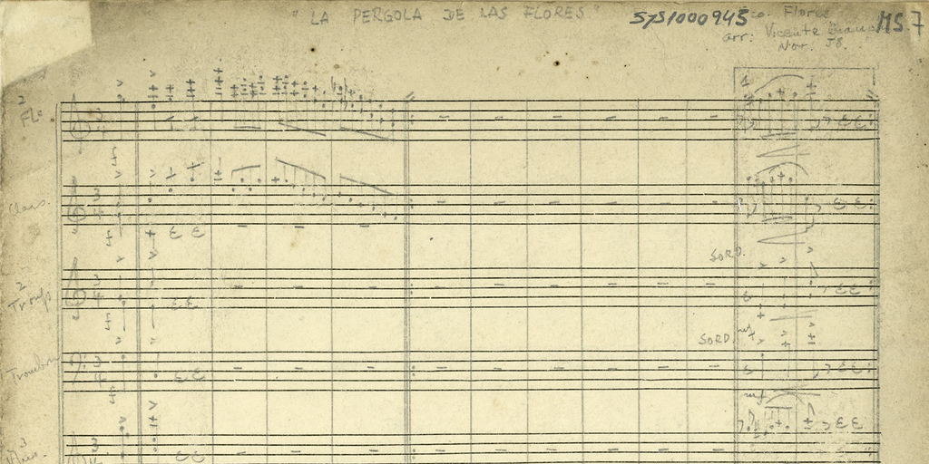 Manuscrito de arreglo instrumental de Vicente Bianchi de "La Pérgola de las Flores" de Francisco Flores del Campo