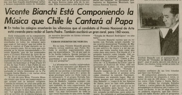  "Vicente Bianchi está componiendo la música que Chile le cantará al Papa"