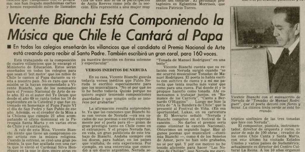  "Vicente Bianchi está componiendo la música que Chile le cantará al Papa"