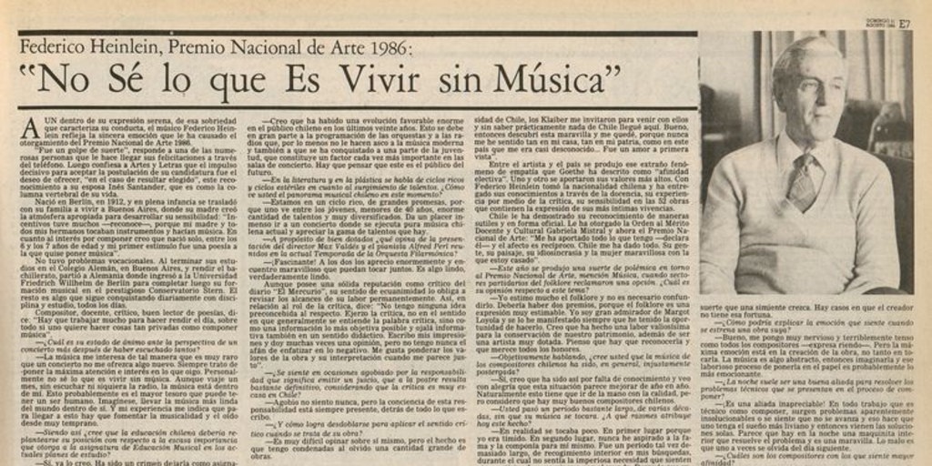 Federico Heinlein, Premio Nacional de Arte 1986: "No sé lo que es vivir sin música"