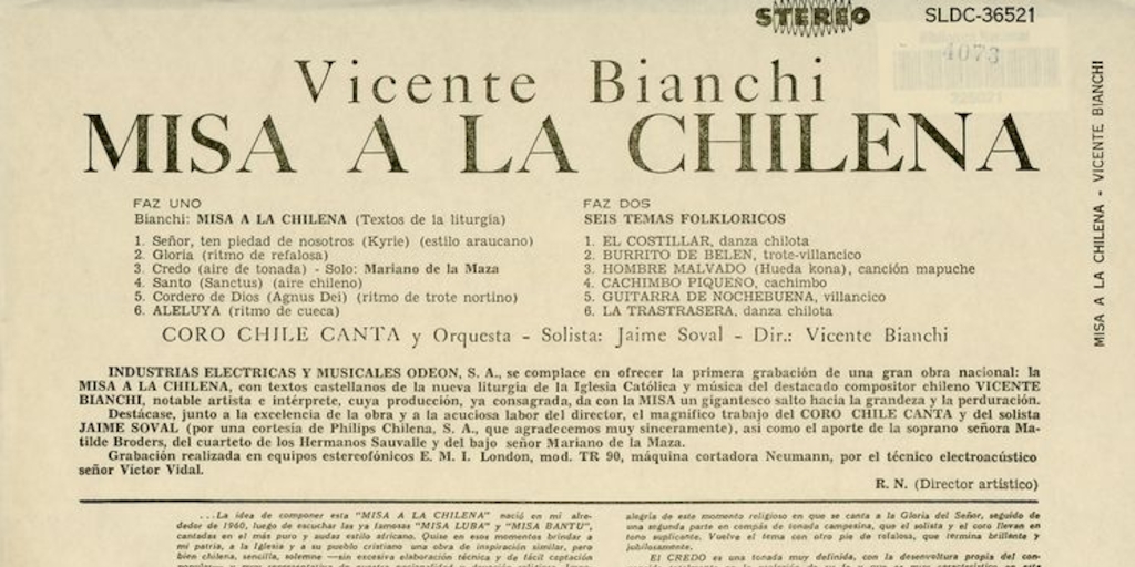 Contraportada de disco Misa a la Chilena, Coro Chile Canta y Orquesta, 1965.