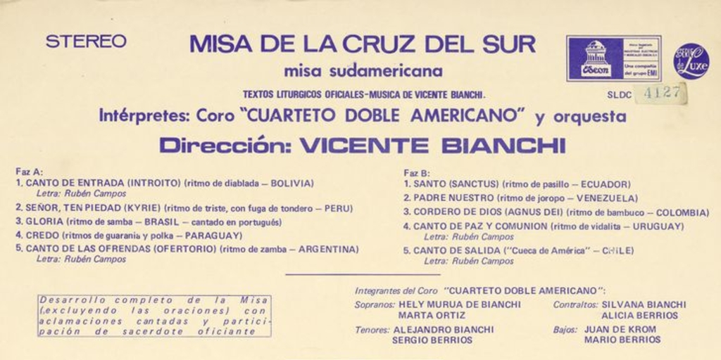 Contraportada de disco Misa de la Cruz del Sur, misa sudamericana, Emi, 1972.