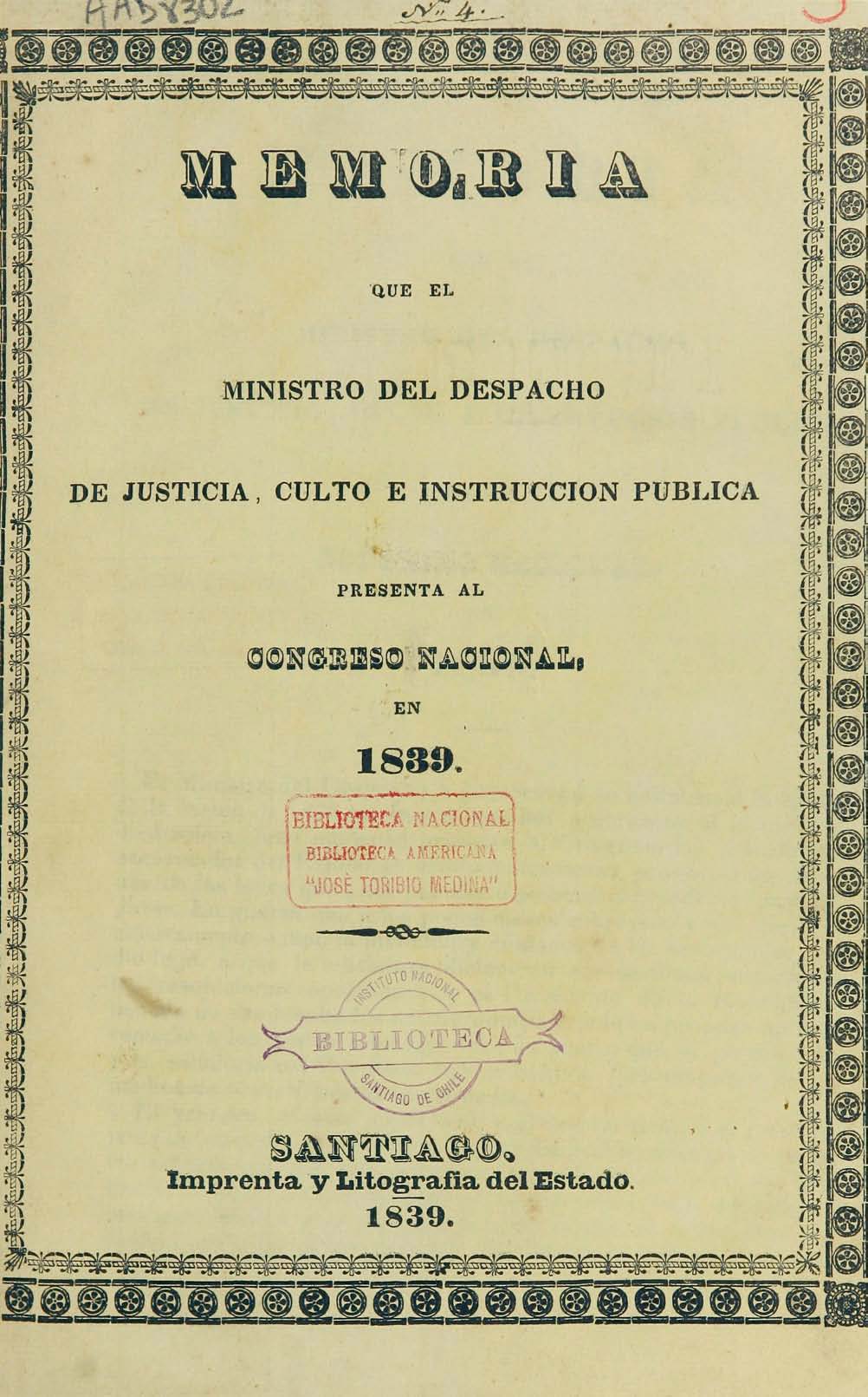 Memoria que el Ministro del Despacho de Justicia, Culto e Instrucción Pública presenta al Congreso Nacional.