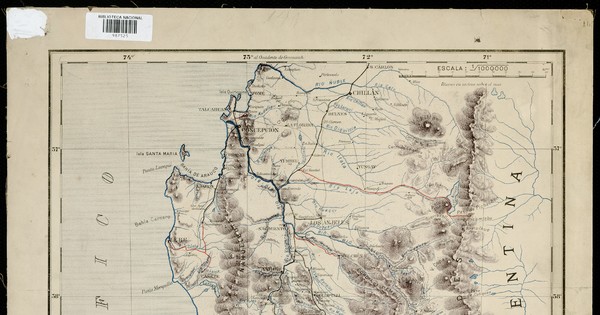 Mapa topográfico construido para el estudio del ferrocarril de Victoria a Osorno i Valdivia [material cartográfico] dibujado por el injiniero Federico Schert, bajo la dirección de Aurelio Lastarria.