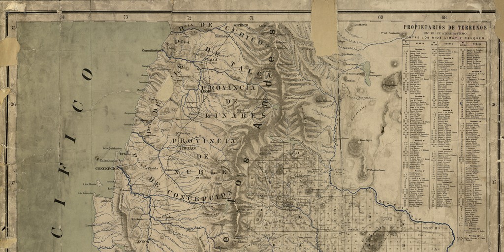 Mapa de los territorios del Limay y Neuquén y de las provincias chilenas entre los grados 35 hasta 42 de latitud Sud [material cartográfico]: publicado con autorización oficial según datos oficiales del Departamento de Ingenieros Militares, del Departamento de Ingenieros Civiles, de la Oficina de Tierras y Colonias, según trabajos personales de los señores Crl. Olascoaga, Ctan O' Connor, Ctan. Urtubey, Ingenieros Moreno, Alsina, Pico Balbin, Bro...