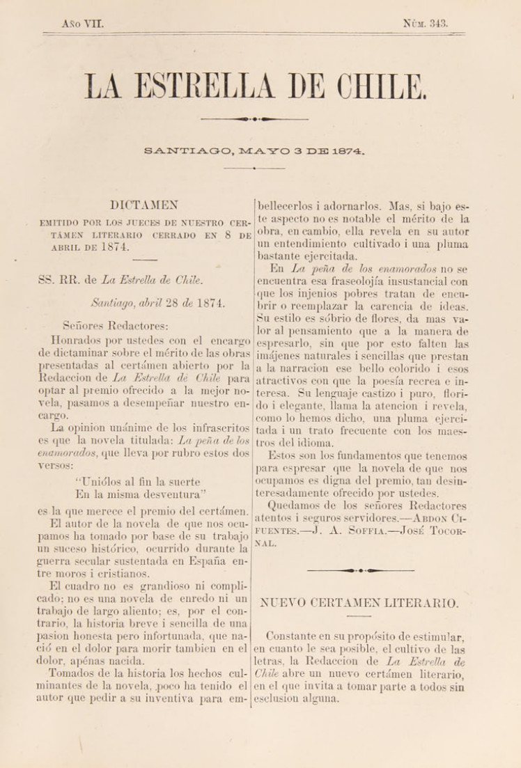 Dictamen emitido por los jueces de nuestro certamen literario cerrado en 8 de abril de 1874