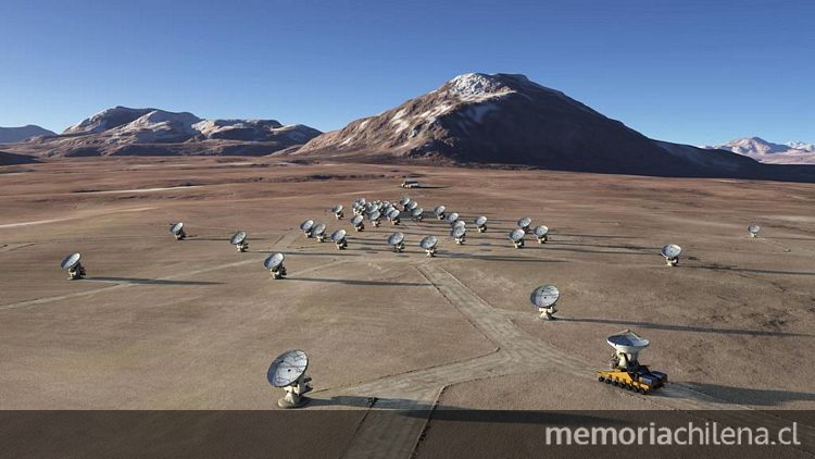 Imagen recreada de la disposición final de las 66 antenas de ALMA en el llano de Chajnantor.