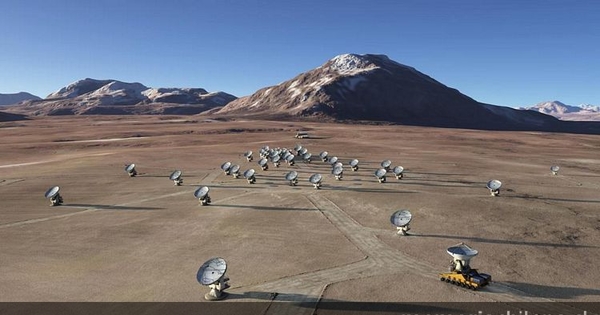 Imagen recreada de la disposición final de las 66 antenas de ALMA en el llano de Chajnantor.