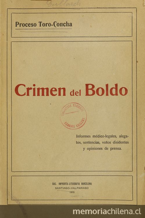 Pie de foto: Croquis del asesinato de Zulema Morandé Franzoy.Gallardo Nieto, Galvarino. Crimen del Boldo: historia documentada del proceso contra Gustavo Toro Concha y Sara Rosa Castro por muerte de la Sra. Zulema Morandé Franzoy. Santiago: Impr. Barcelona, 1916. xi, 511 p.