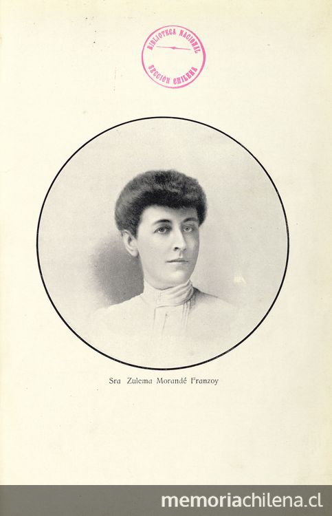 Retrato de Zulema Morandé Franzoy.Gallardo Nieto, Galvarino. Crimen del Boldo: historia documentada del proceso contra Gustavo Toro Concha y Sara Rosa Castro por muerte de la Sra. Zulema Morandé Franzoy. Santiago: Impr. Barcelona, 1916.