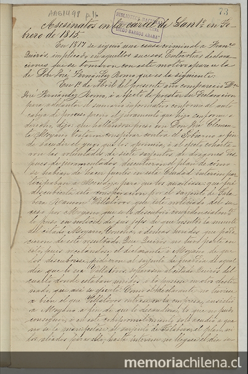 Asesinato en la carcel de Santiago en febrero de 1815 [manuscrito]. 1817