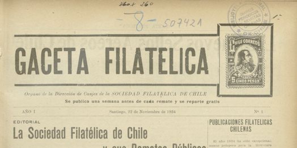 La Gaceta Filatélica. Santiago: La Dirección, 1934-1936 (Santiago : Talls. Gráf. Cóndor)