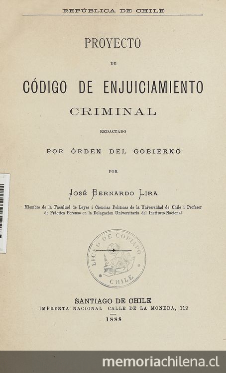 Proyecto de código de enjuiciamiento criminal. Santiago: Impr. Nacional, 1888