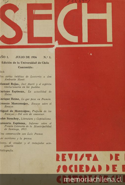 Portada del primer número de SECH: revista de la Sociedad de Escritores de Chile, 1936