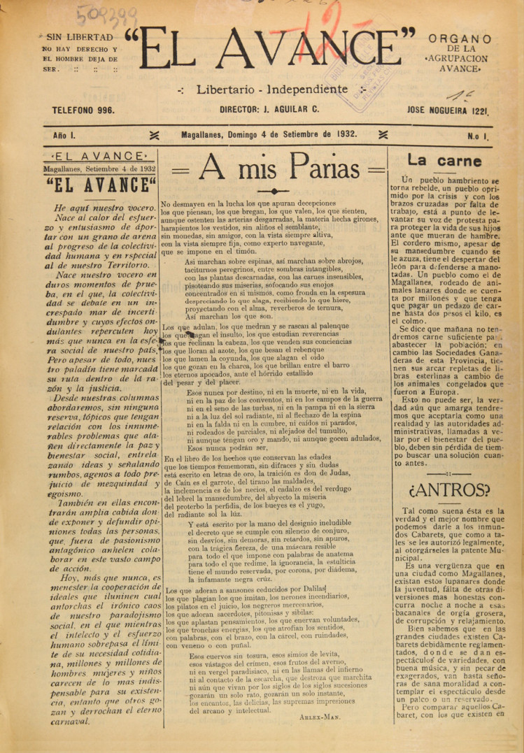 El Avance. Órgano de la agrupación Avance. Año 1, número 1 (4 de septiembre de 1932) - número 2 (11 de septiembre de 1932)