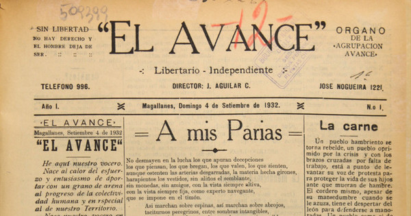 El Avance. Órgano de la agrupación Avance. Año 1, número 1 (4 de septiembre de 1932) - número 2 (11 de septiembre de 1932)